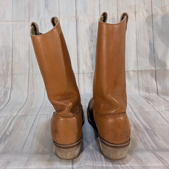Vintage Tan Leather Safety Toe Pull-On Cowboy Boots with Vibram Soles - Picture 4 of 13